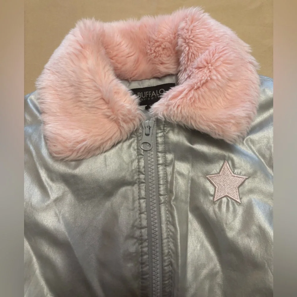 Buffalo David Bitton Metallic Silver Puff Jacket with Pink Collar‎